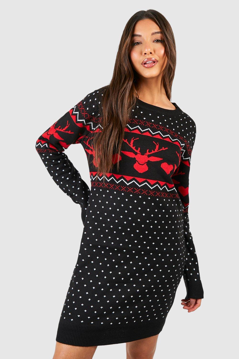 Image of Vestito natalizio in maglia con cuori e motivi Fair Isle, Nero