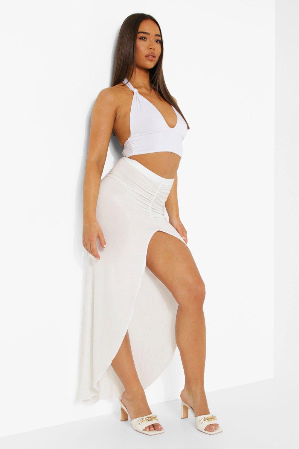 Image of Gonna Maxi in Jersey con arricciatura laterale, Bianco