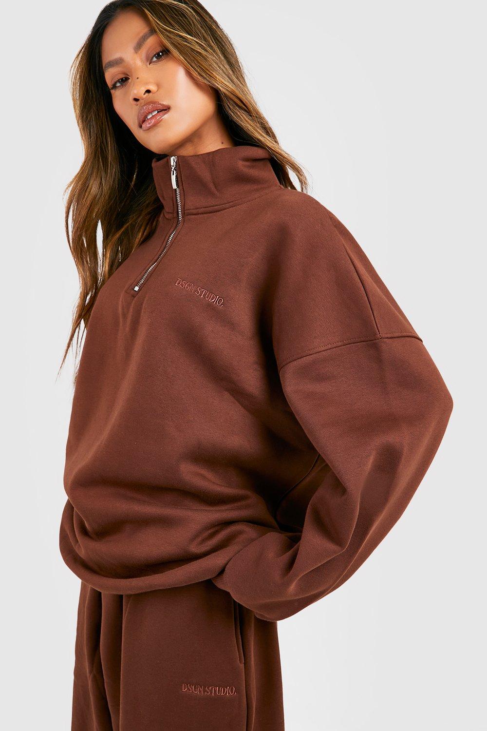 Womens Premium Half Zip Sweatshirt - Brown - S, Brown