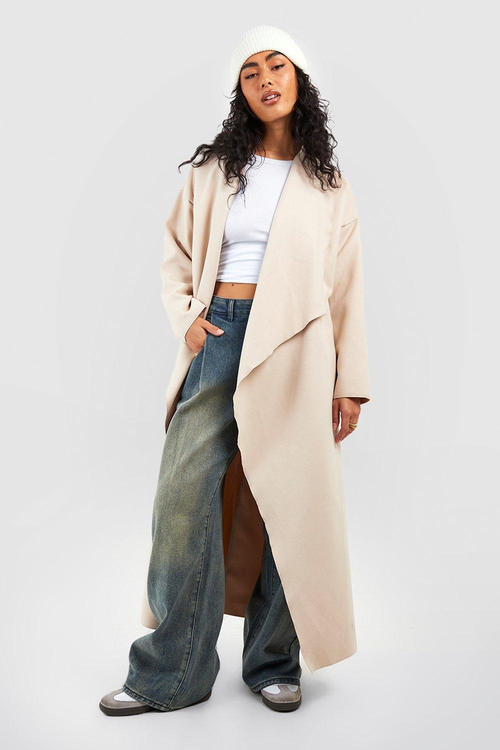 Womens Super Oversized Waterfall Wool Look Coat - Beige - 12, Beige