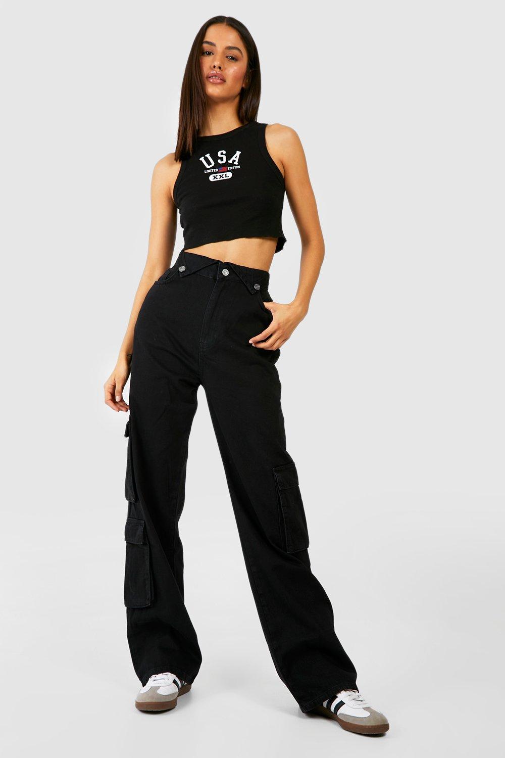 Boohoo Baggy Denim Cargo Broek, Black