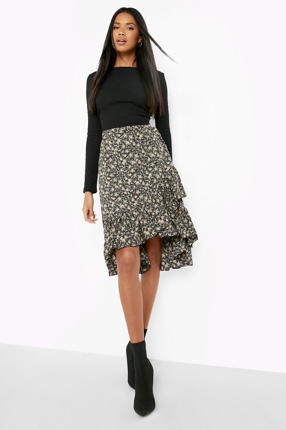 Boohoo Bloemen Midi Wikkelrok, Black