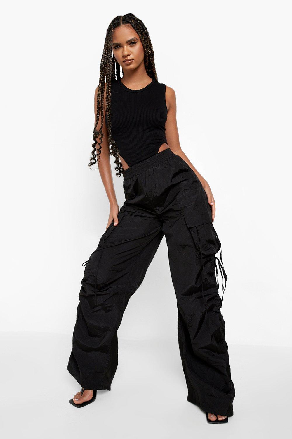 Boohoo Soft-Shell Wide Leg Cargo Broek, Black