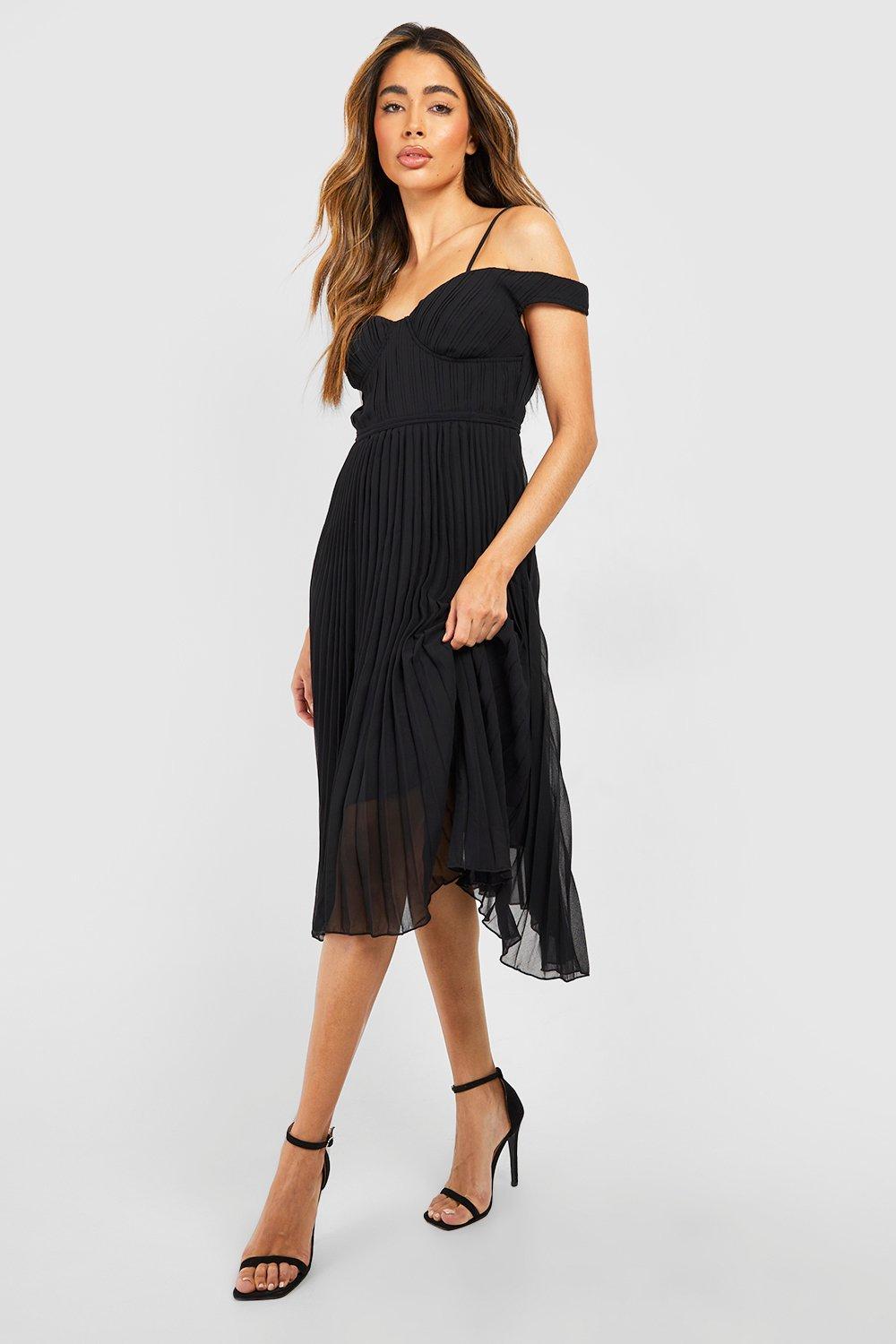 Womens Pleated Cold Shoulder Midi Dress - Black - 12, Black