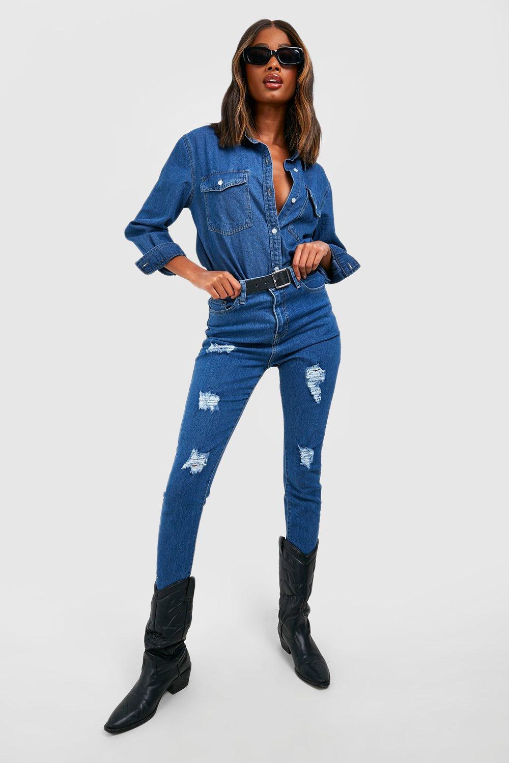 Boohoo Super Versleten Skinny Jeans Met Gerafelde Zoom, Mid Blue