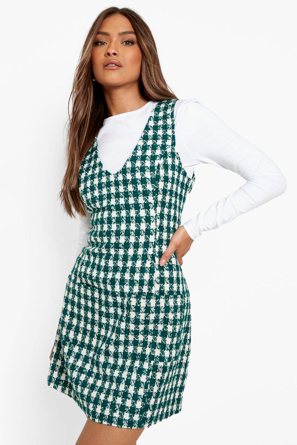 1960s Style Clothing & 60s Fashion Womens Dogtooth Scoop Neck Pinafore Dress - Green - 10 $24.00 AT vintagedancer.com