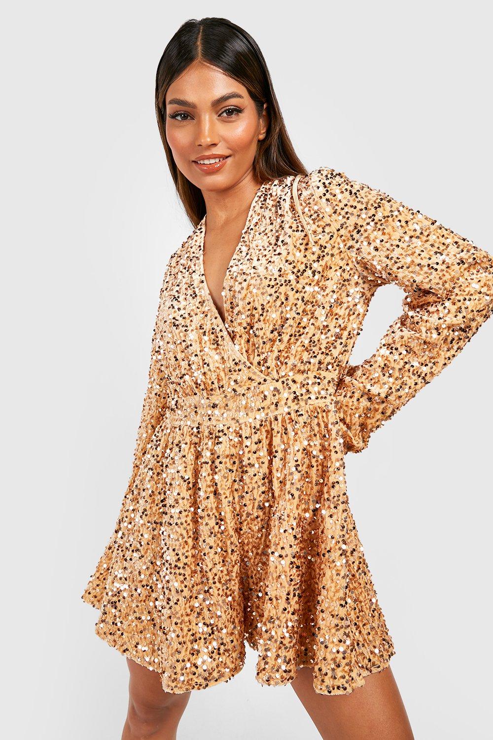 womens sequin flare sleeve open back playsuit - gold - 14, gold