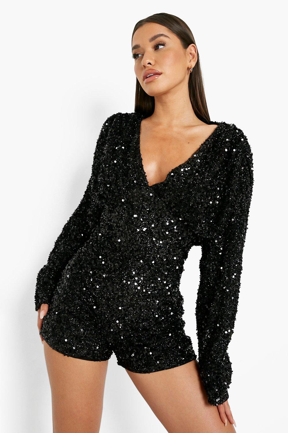 70s Clothes & 1970s Clothing, Outfits for Women Womens Sequin Plunge Extreme Batwing Romper - Black - 10 $48.00 AT vintagedancer.com