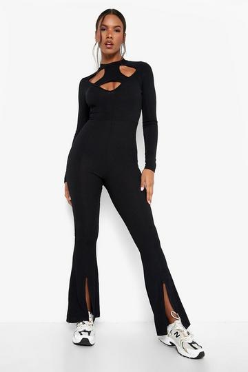 Ribbed Cut Out Detail Split Hem Jumpsuit