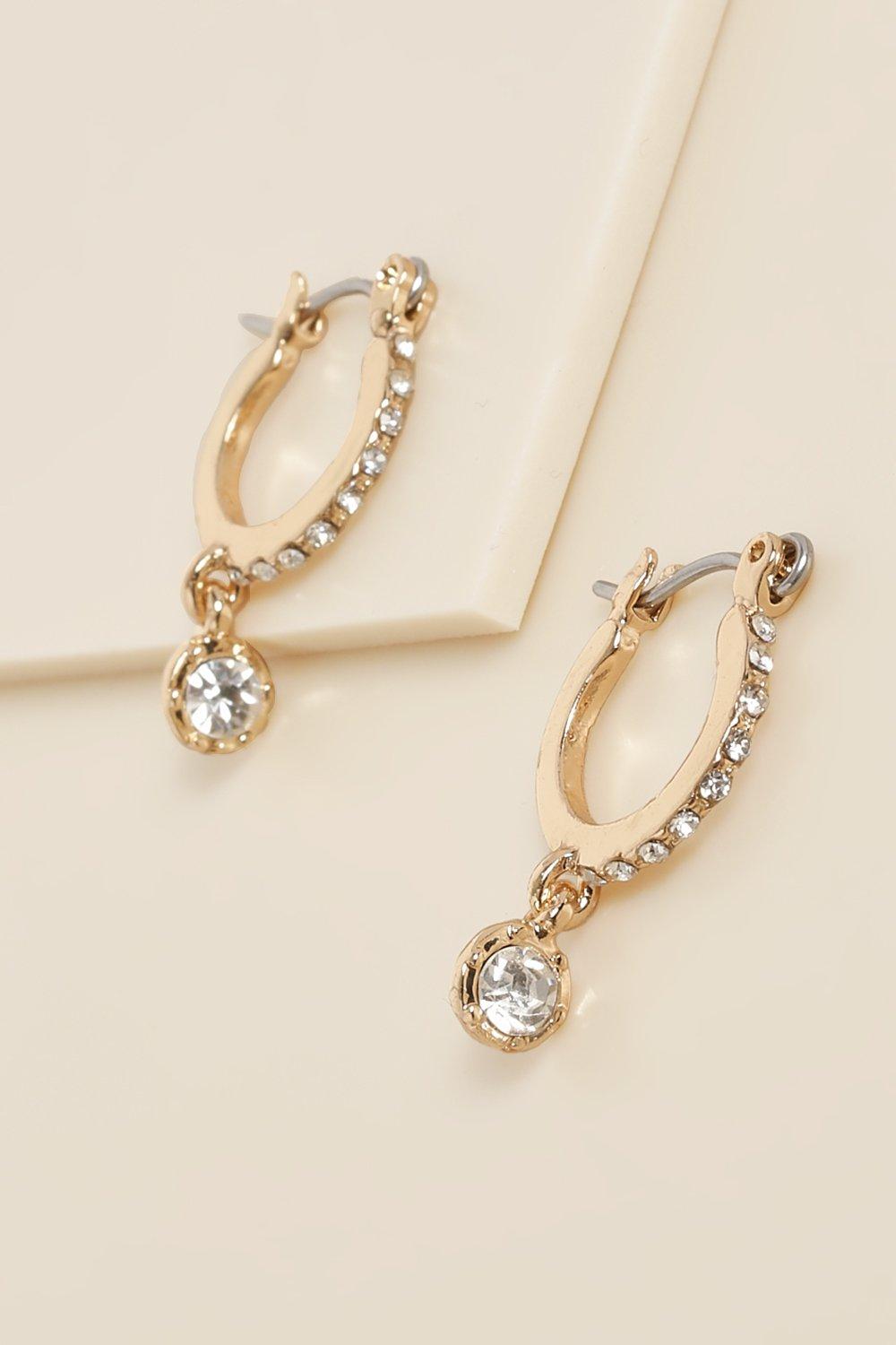 Womens Diamante Drop Hoop Earrings - Gold - One Size, Gold