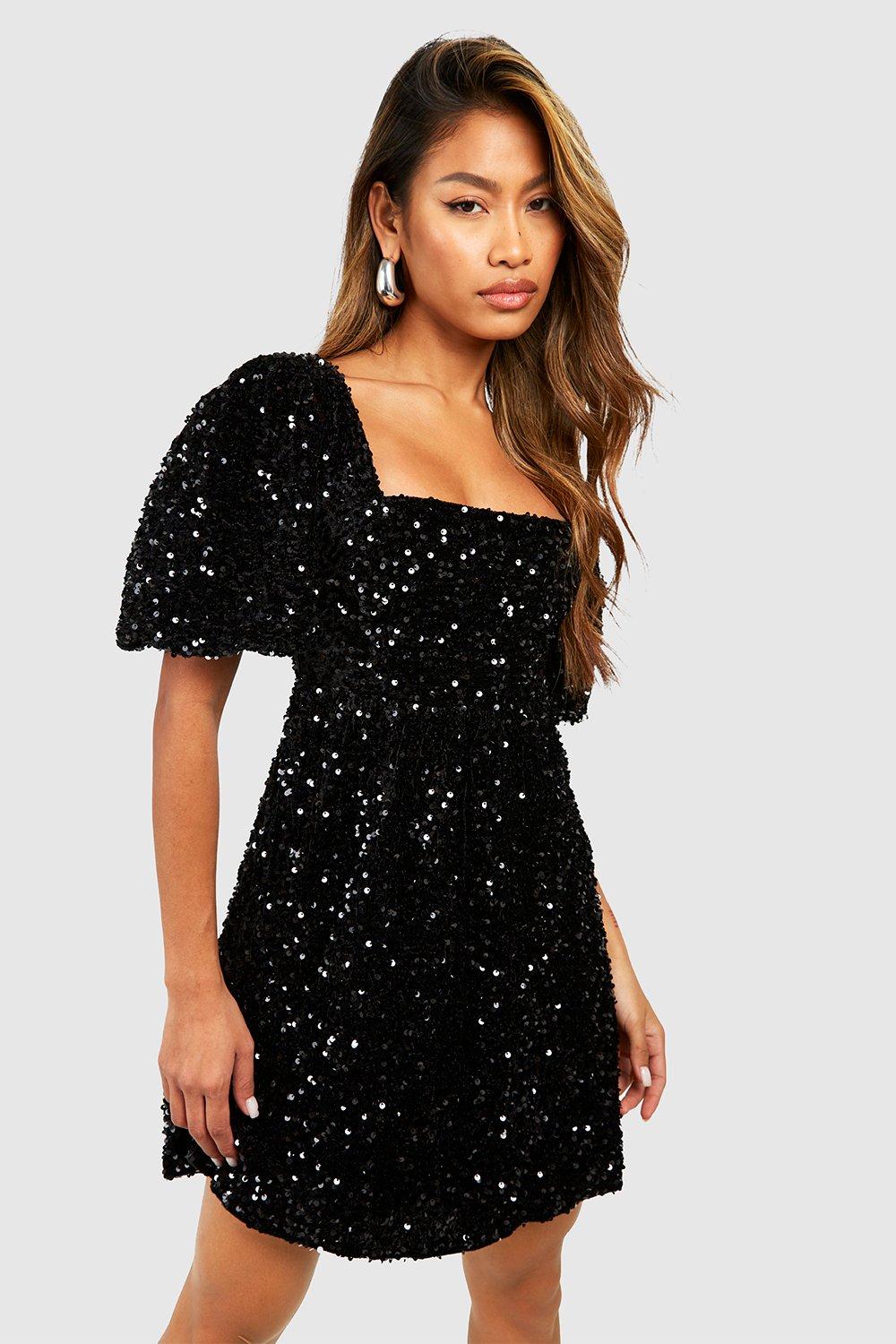 womens sequin puff sleeve square neck smock party dress - black - 10, black