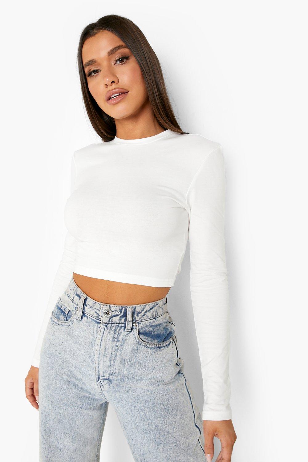 Boohoo Basic Crop Top Met Lange Mouwen, Ecru