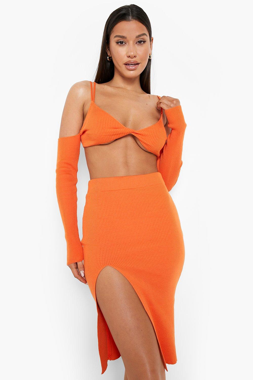 Ensemble Côtelé Crop Top Et Jupe Moulante - Orange - L, Orange