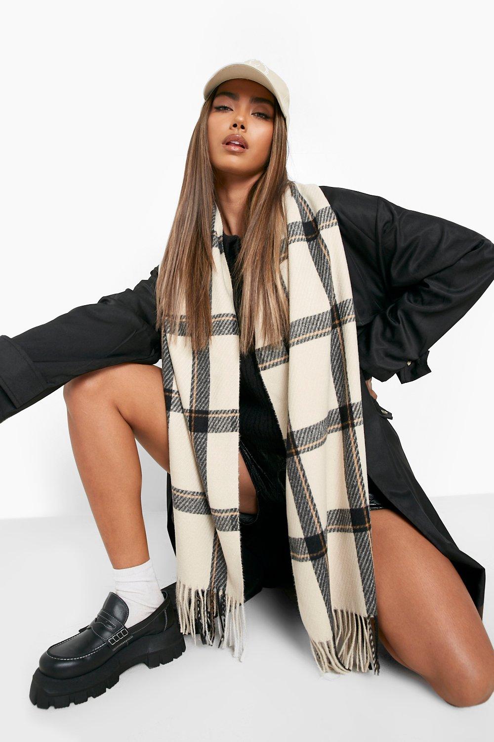 Womens Beige Woven Checked Scarf - One Size, Beige