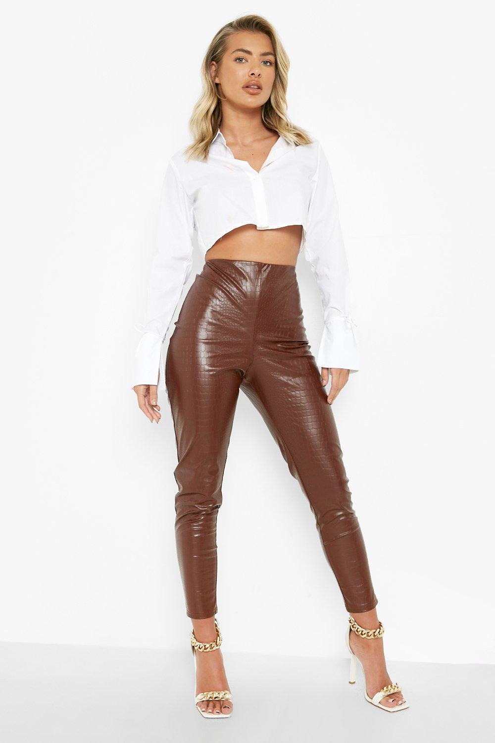 womens faux leather croc leggings - brown - 6, brown
