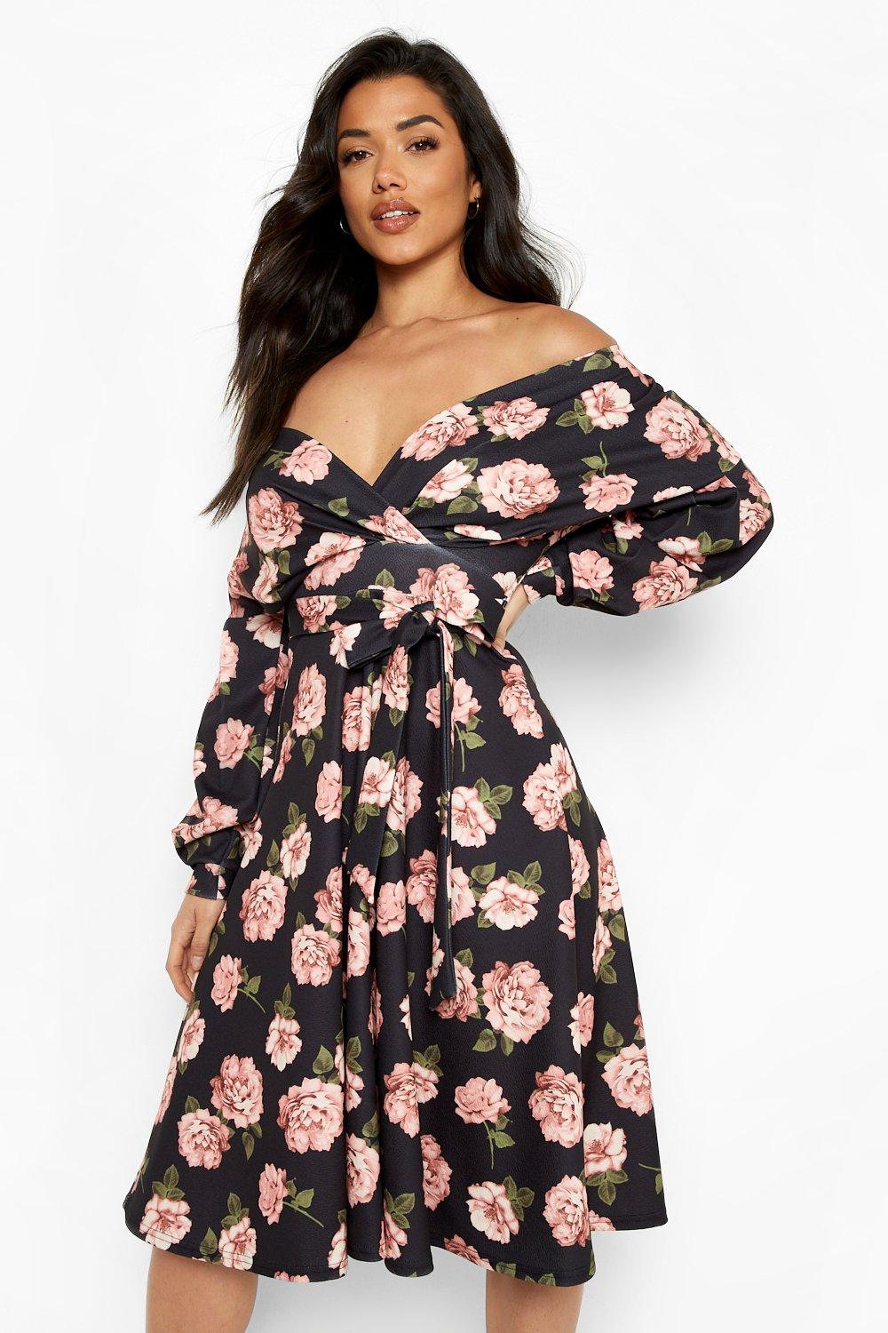 off the shoulder midi skater dress
