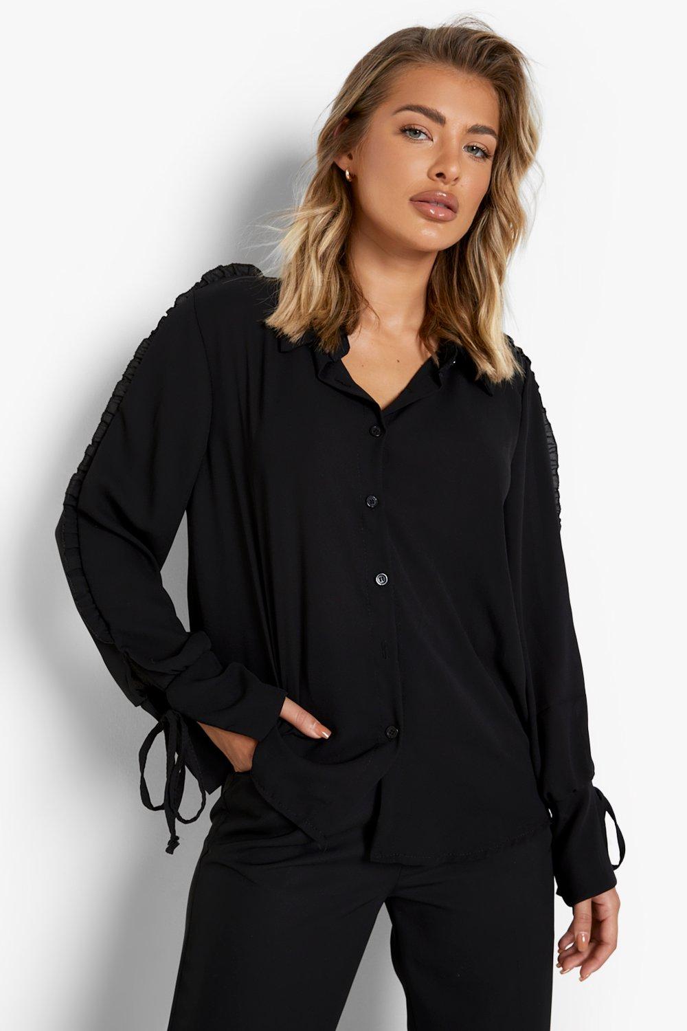 Chemise Ample À Manches Volantées Et Laçages - Noir - 36, Noir