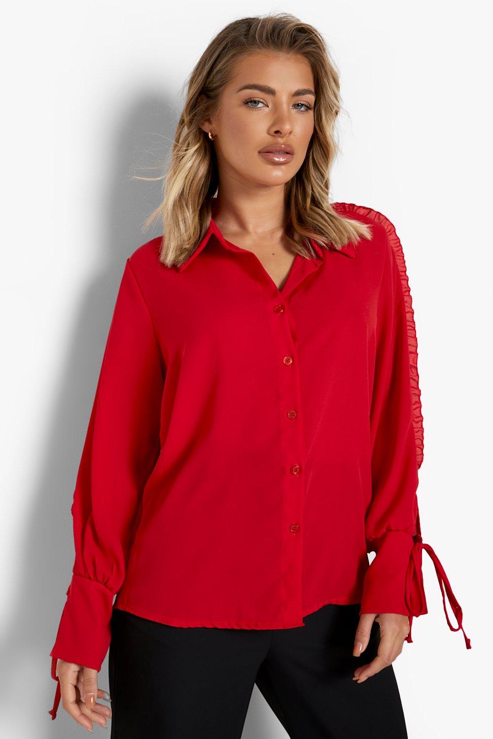 Chemise Ample À Manches Volantées Et Laçages - Rouge - 38, Rouge