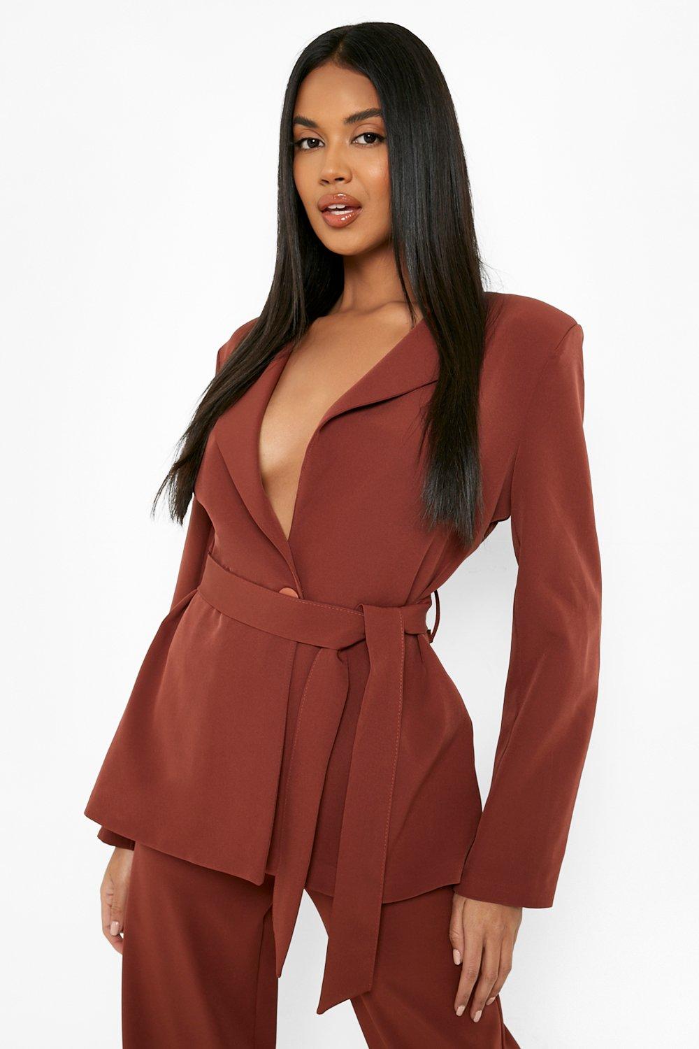 Blazer Cintré À Ceinture Et Décolleté Plongeant - Marron Chocolat - 36, Marron Chocolat