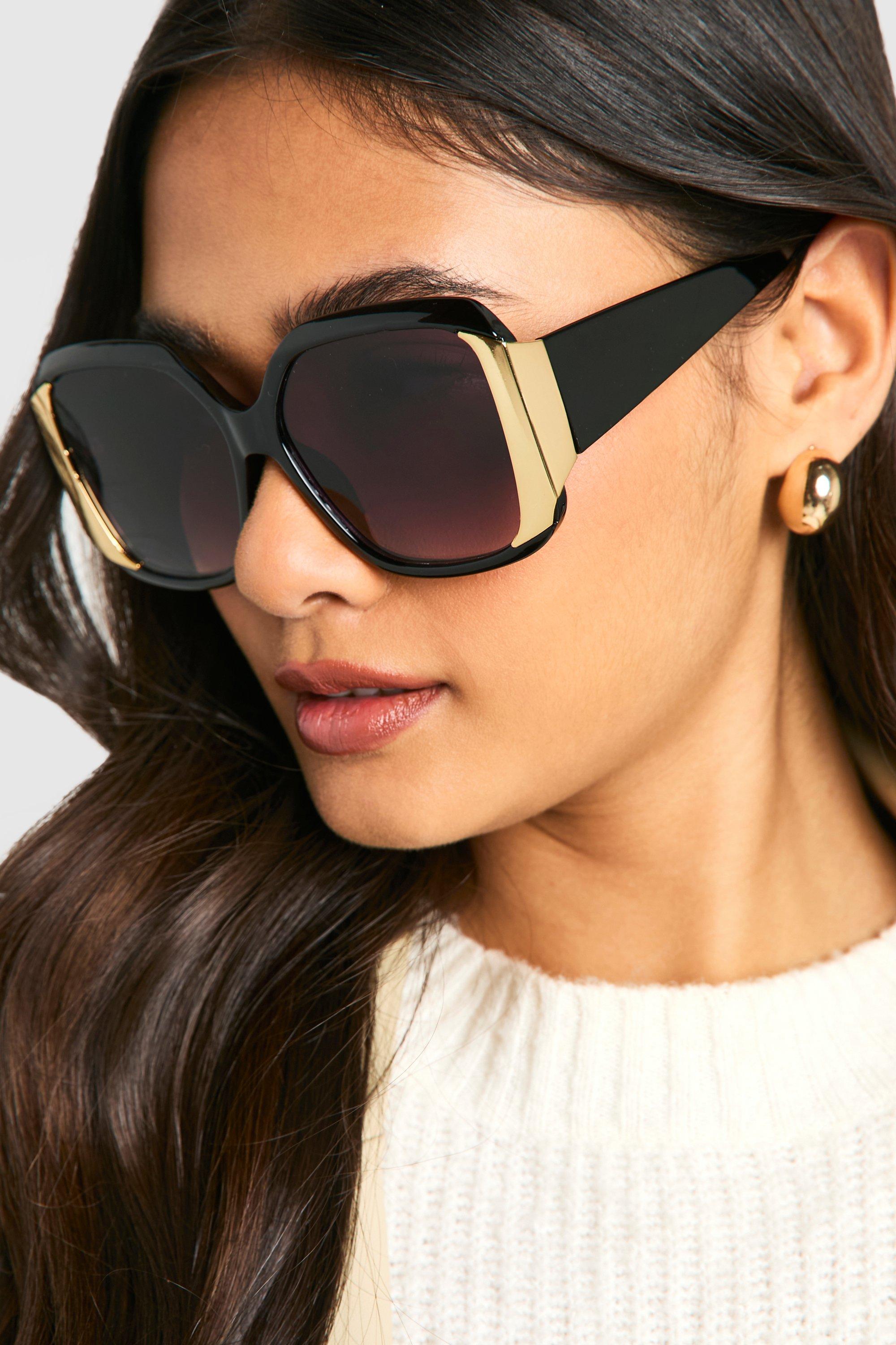 Womens Oversized Gold Detail Sunglasses - Black - One Size, Black