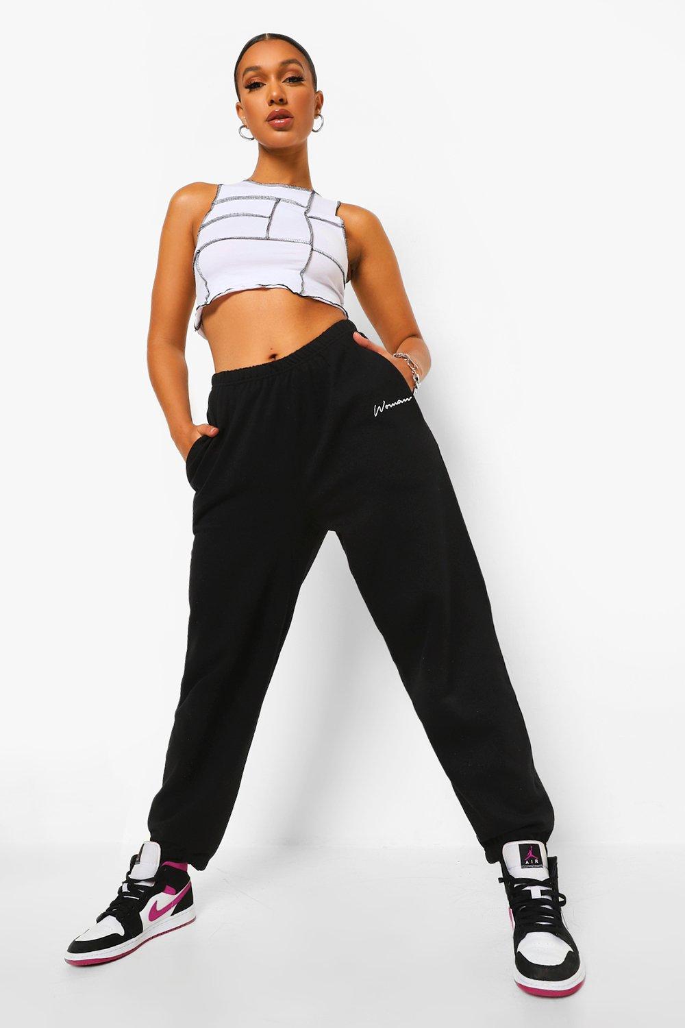 Womens Oversized Embroidered Woman Script Joggers - Black - 12, Black