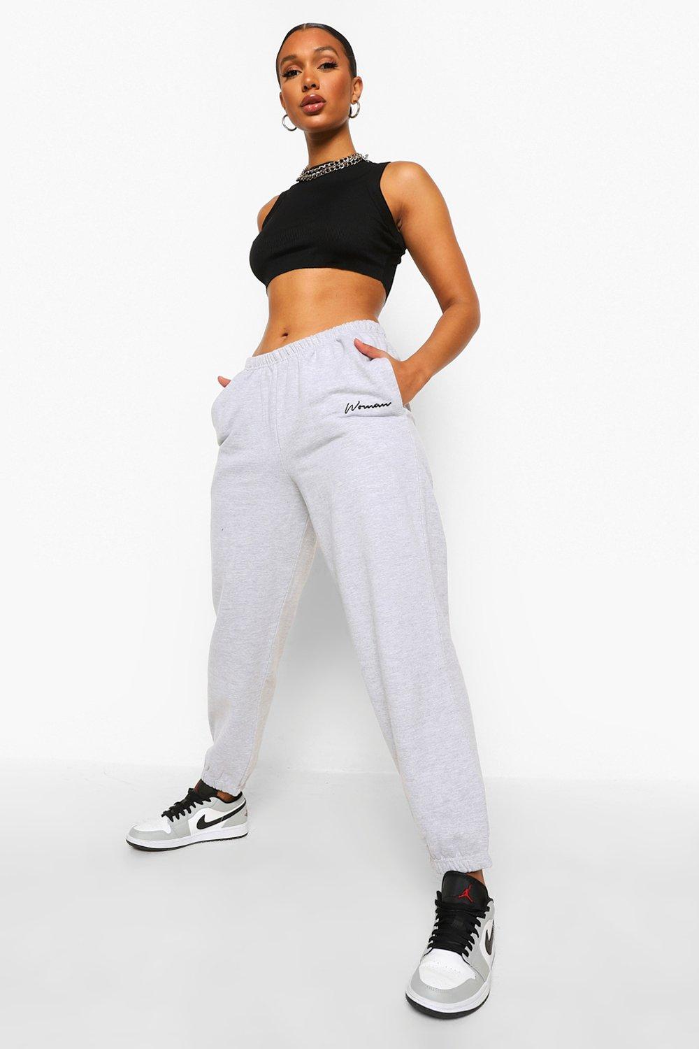 Womens Oversized Embroidered Woman Script Joggers - Grey - 14, Grey