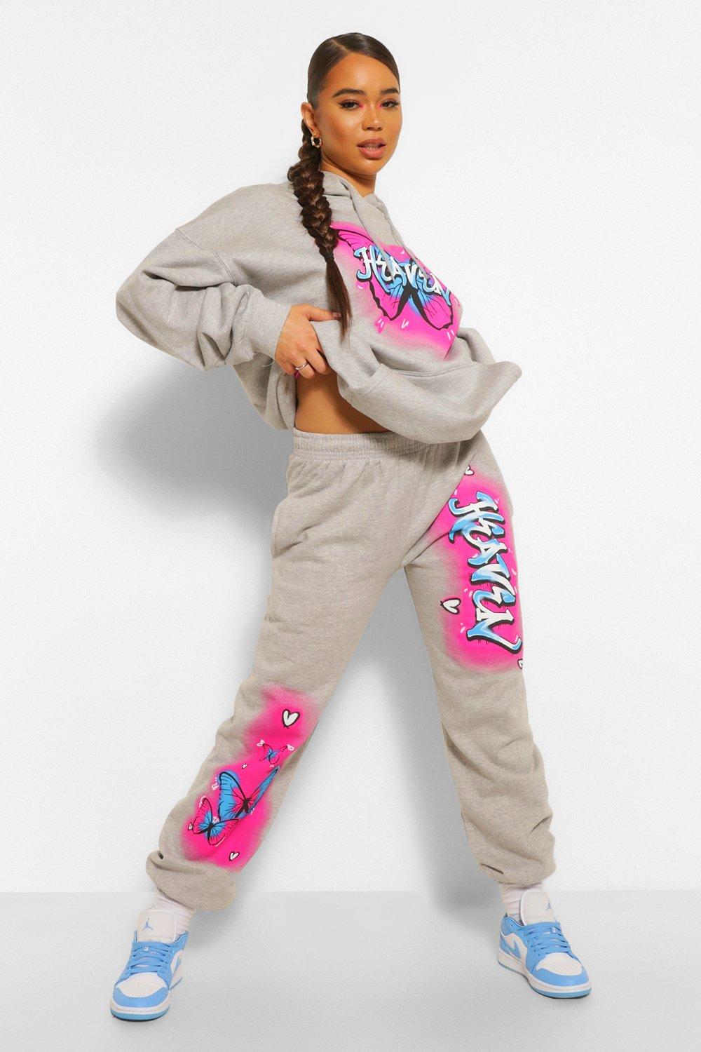 Womens Graffiti Print 'Heaven' Slogan Oversized Joggerss - Grey - L, Grey