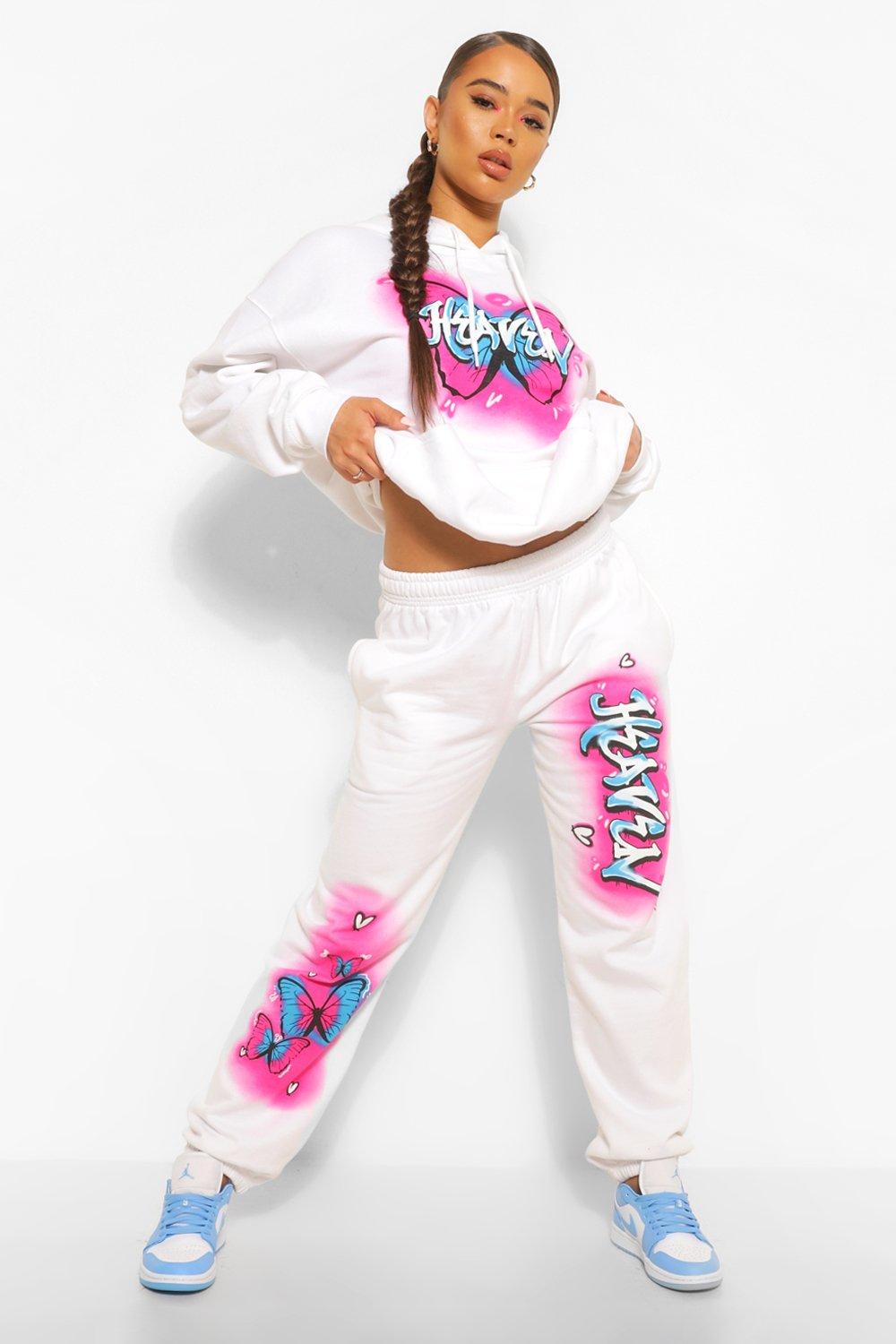 Womens Graffiti Print 'Heaven' Slogan Oversized Joggerss - White - M, White
