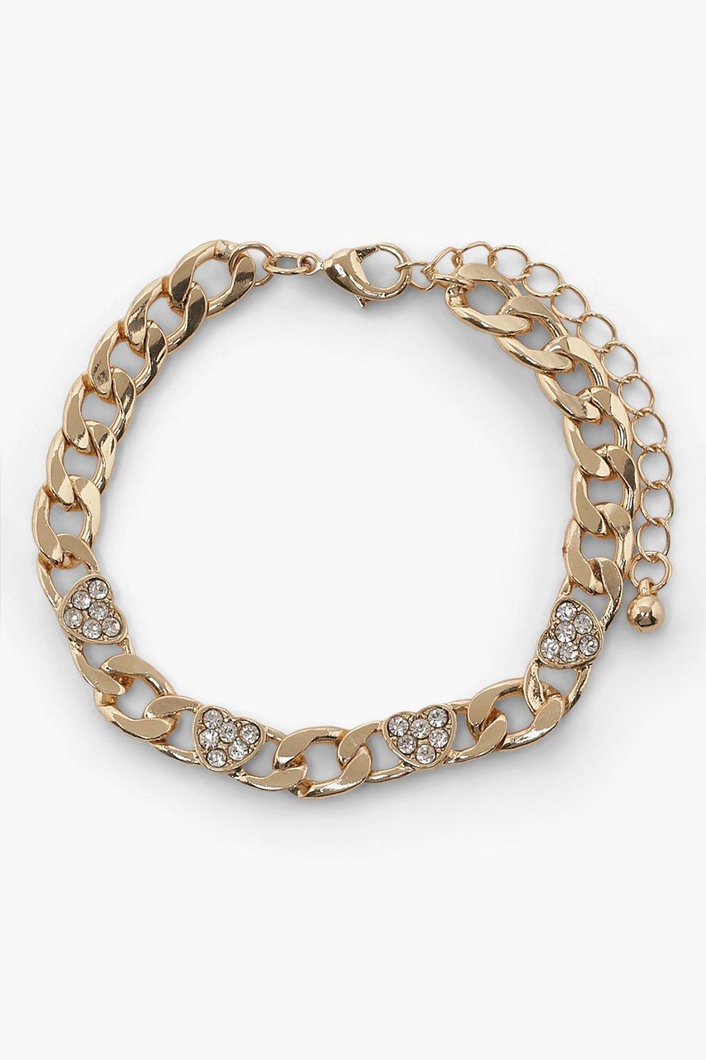 Womens Diamante Heart Curb Chain Bracelet - Gold - One Size, Gold