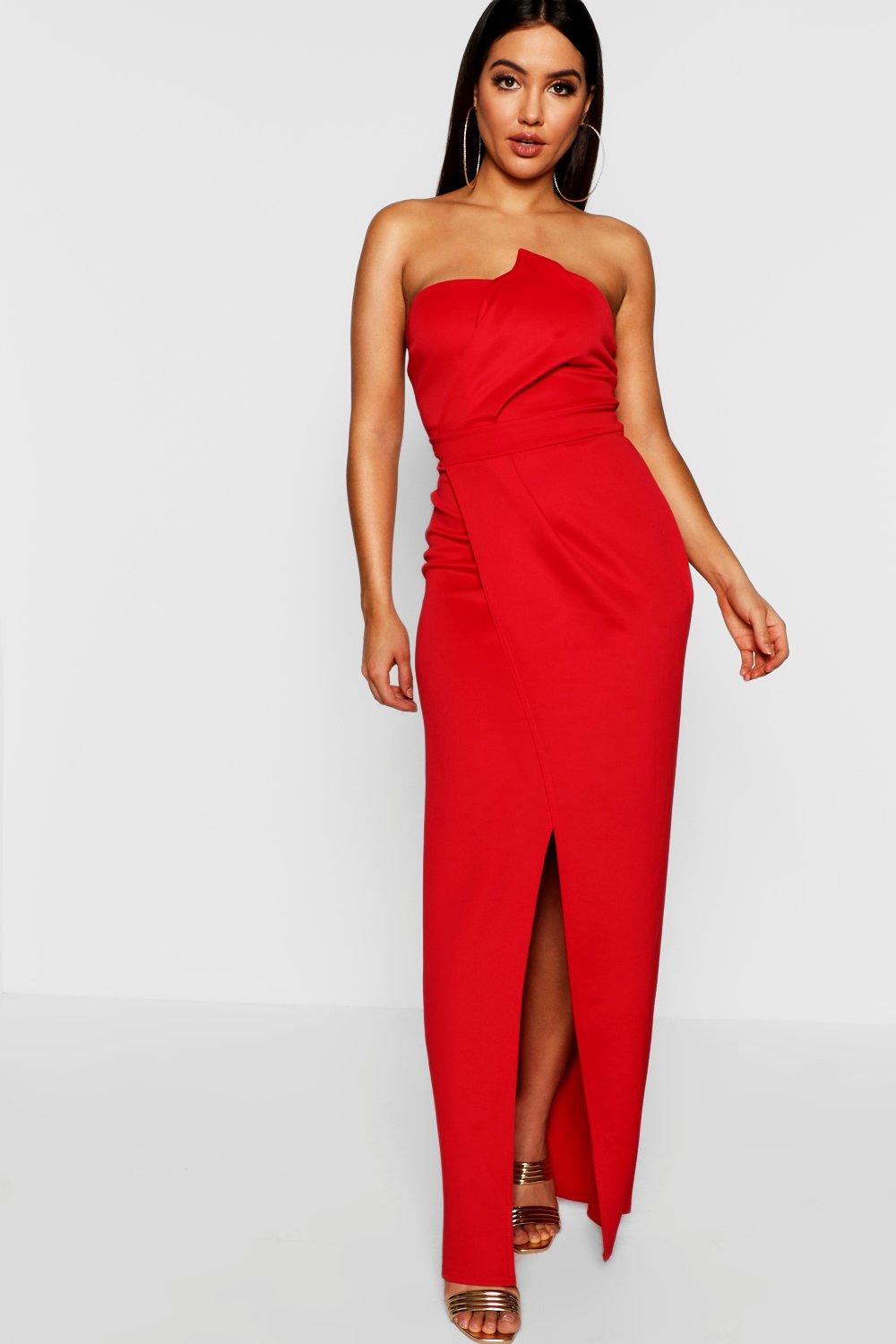 Womens Bandeau Wrap Detail Split Maxi Dress - Red - 10, Red
