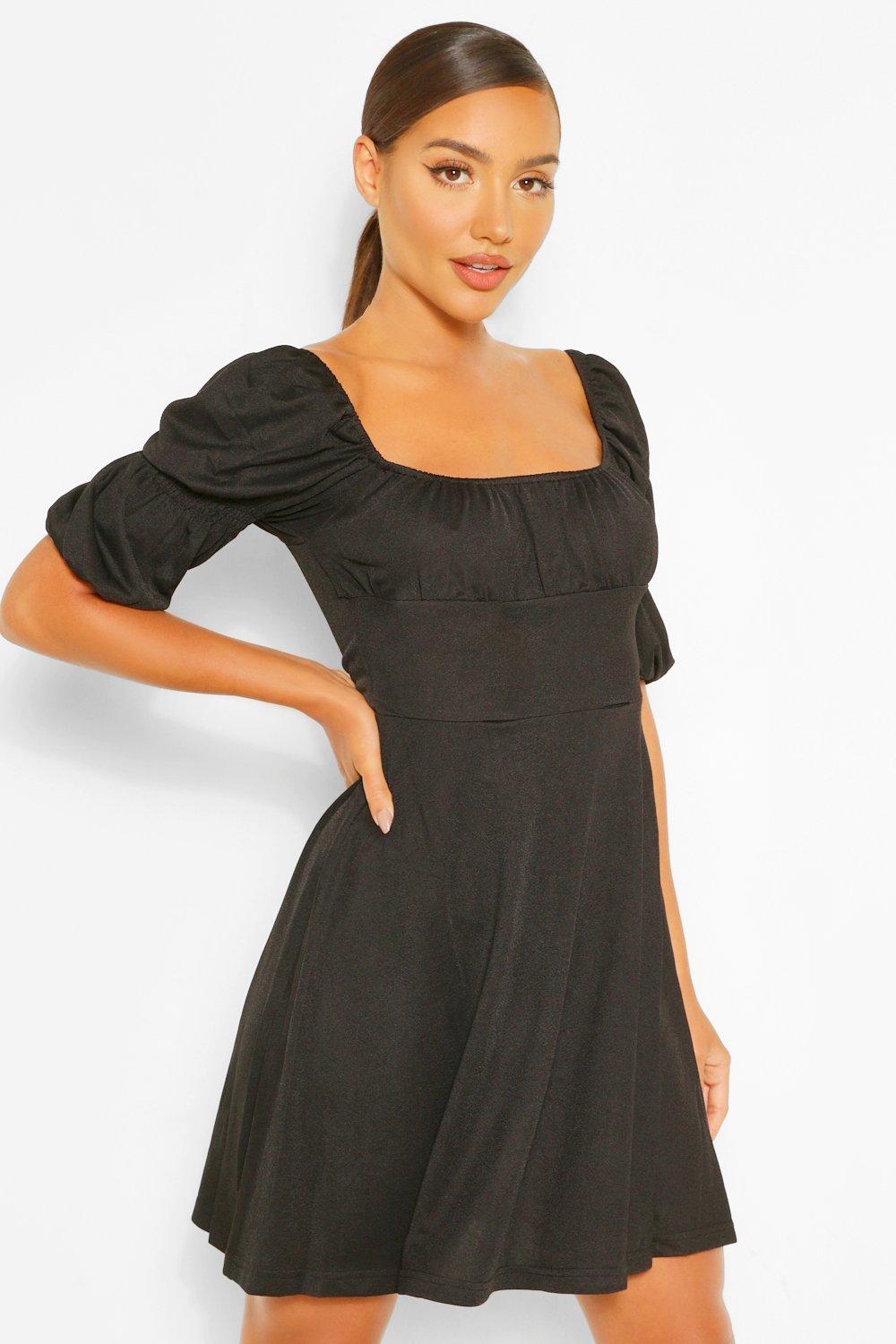 boohoo Womens Puff Sleeve Rouched Bust Skater Dress - Black - 10, Black
