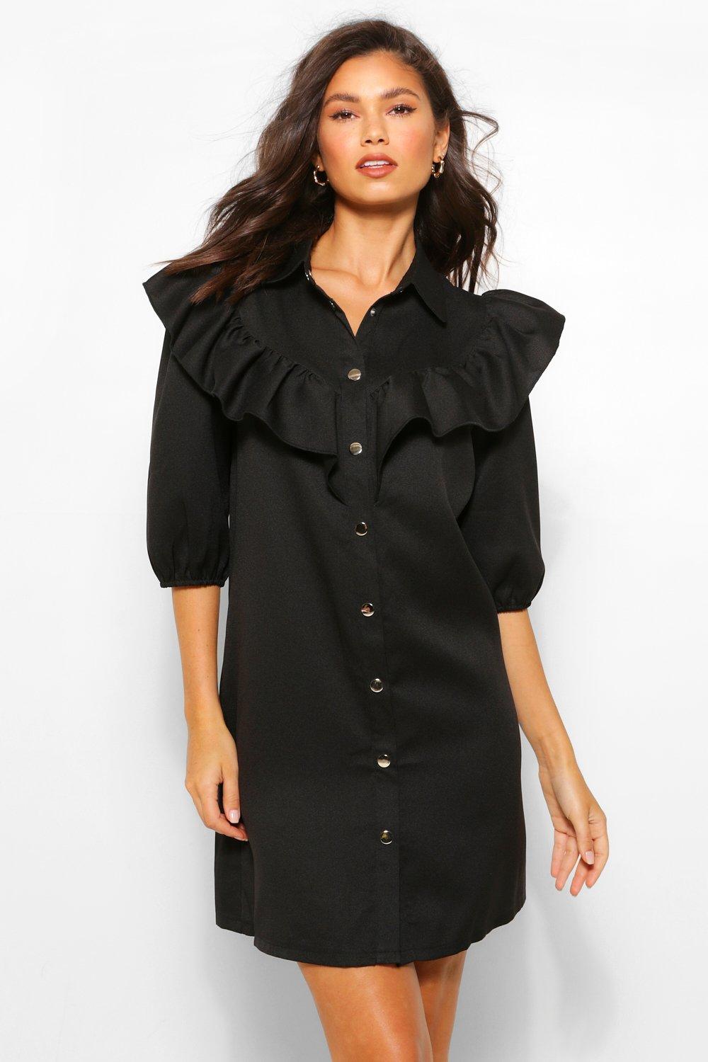 boohoo Womens Ruffle Sleeve Collared Shift Dress - Black - 14, Black