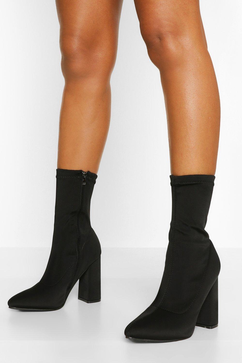 Womens Wide Fit Block Heel Pointed Toe Sock Boots - Black - 3, Black