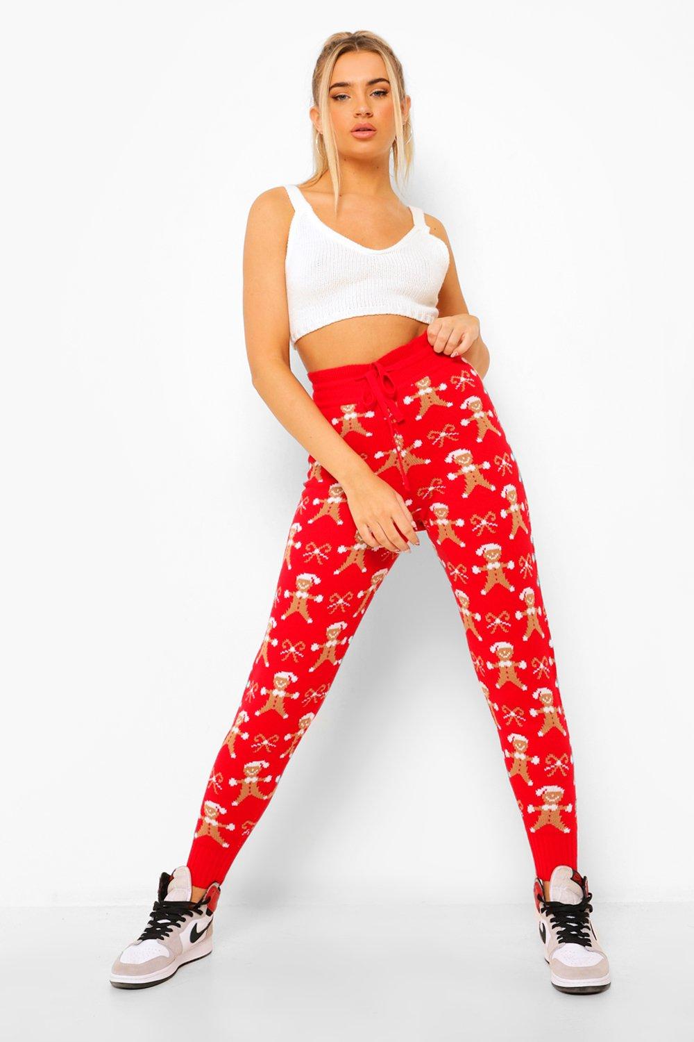 Womens Gingerbread Knit Christmas Leggings - Red - S, Red