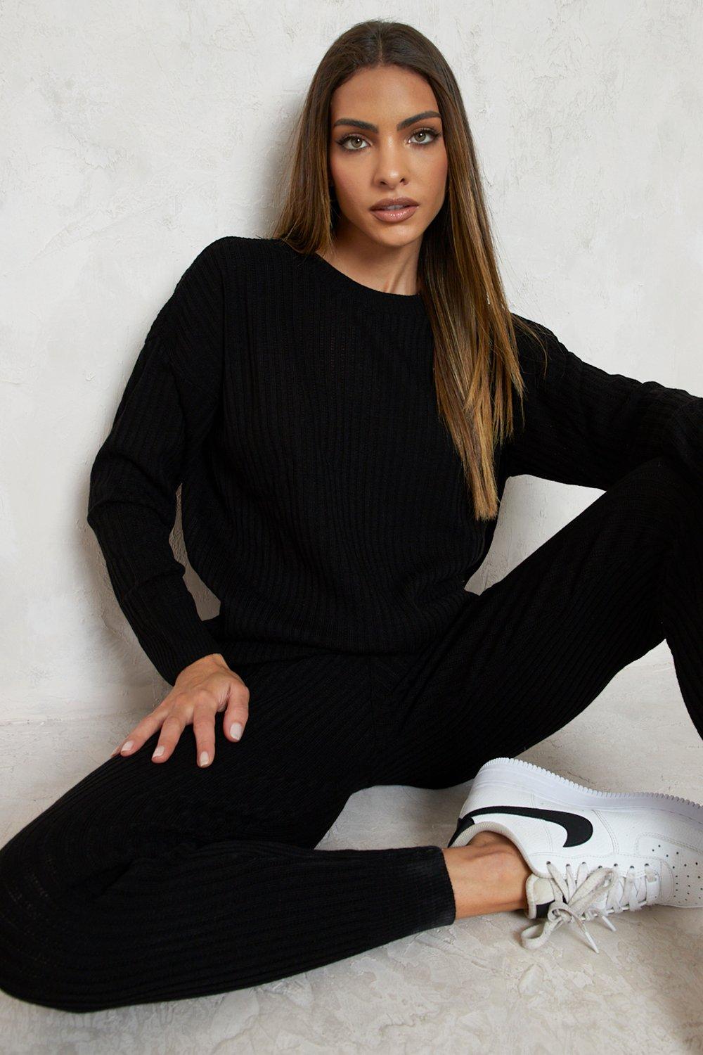 Womens Slouchy Rib Knitted Tracksuit - Black - L, Black