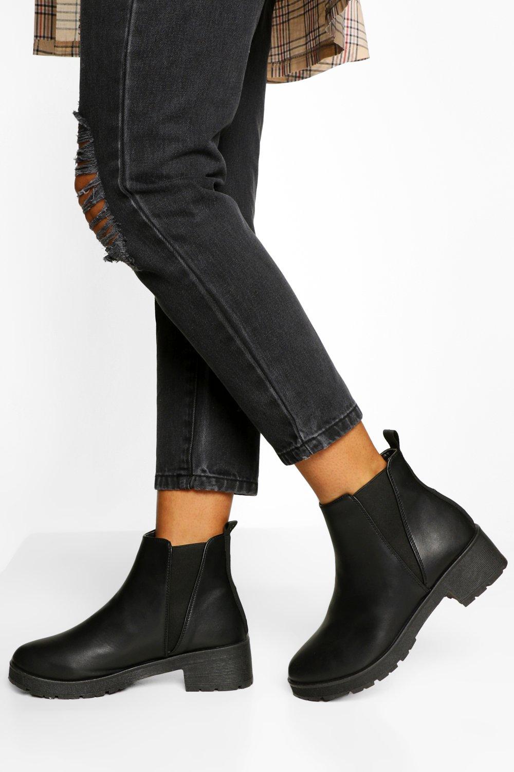 Womens V Detail Chunky Chelsea Boots - Black - 3, Black