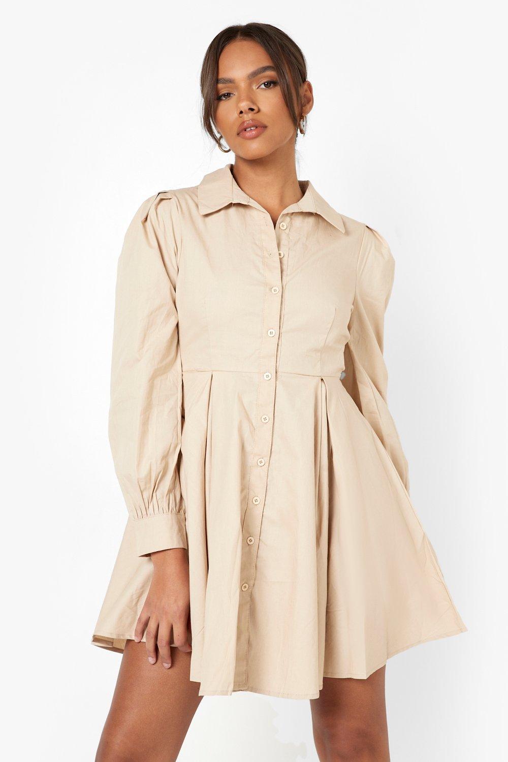 Womens Cotton Balloon Sleeve Pleat Detail Shirt Dress - Beige - 8, Beige
