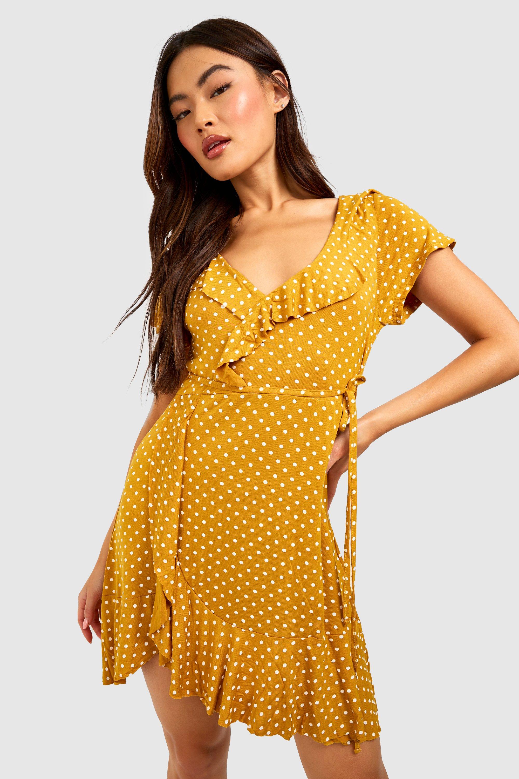 Womens Polka Dot Wrap Front Ruffle Tea Dress - Yellow - 8, Yellow