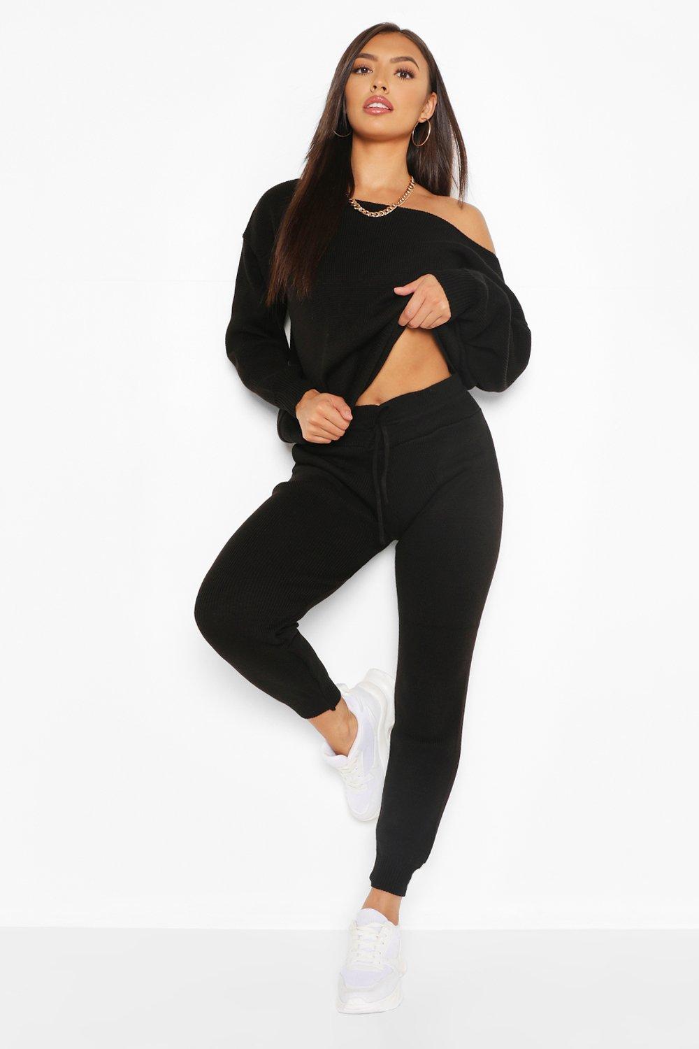 Womens Slash Neck Knitted Tracksuit - Black - Xl, Black