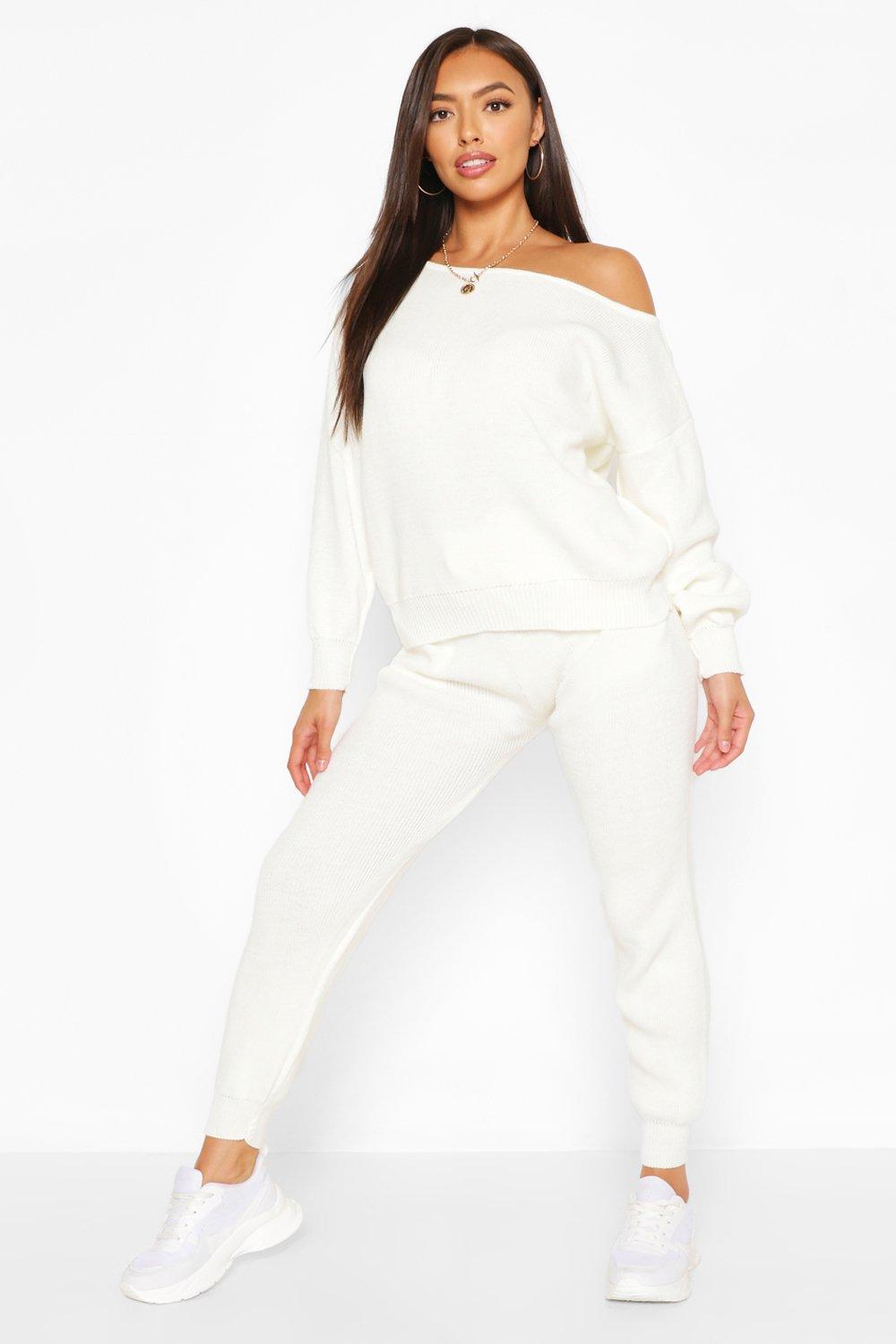 Womens Slash Neck Knitted Tracksuit - White - S, White