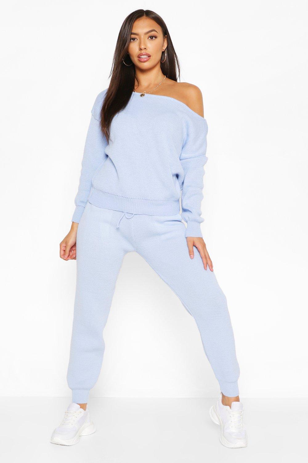 Womens Slash Neck Knitted Tracksuit - Blue - S, Blue