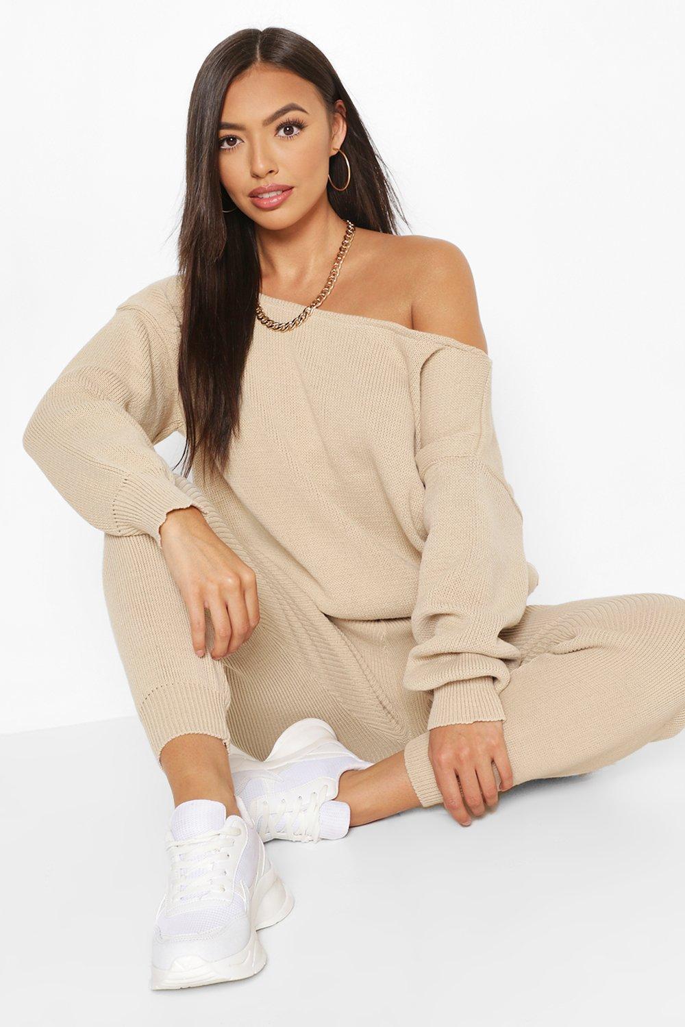 Womens Slash Neck Knitted Tracksuit - Beige - L, Beige