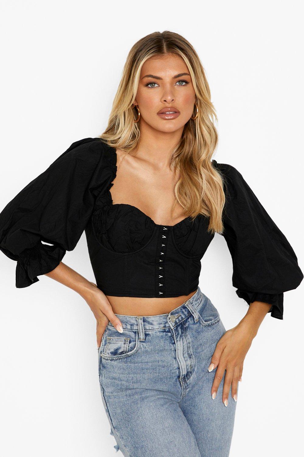 Boohoo Geweven Top Met Extreme Mouwen En Boothals, Black