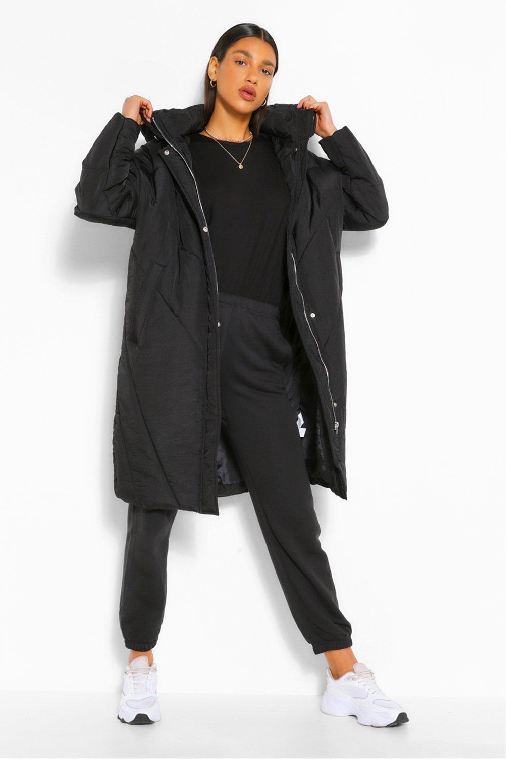 Womens Longline Hooded Puffer Jacket - Black - 8, Black