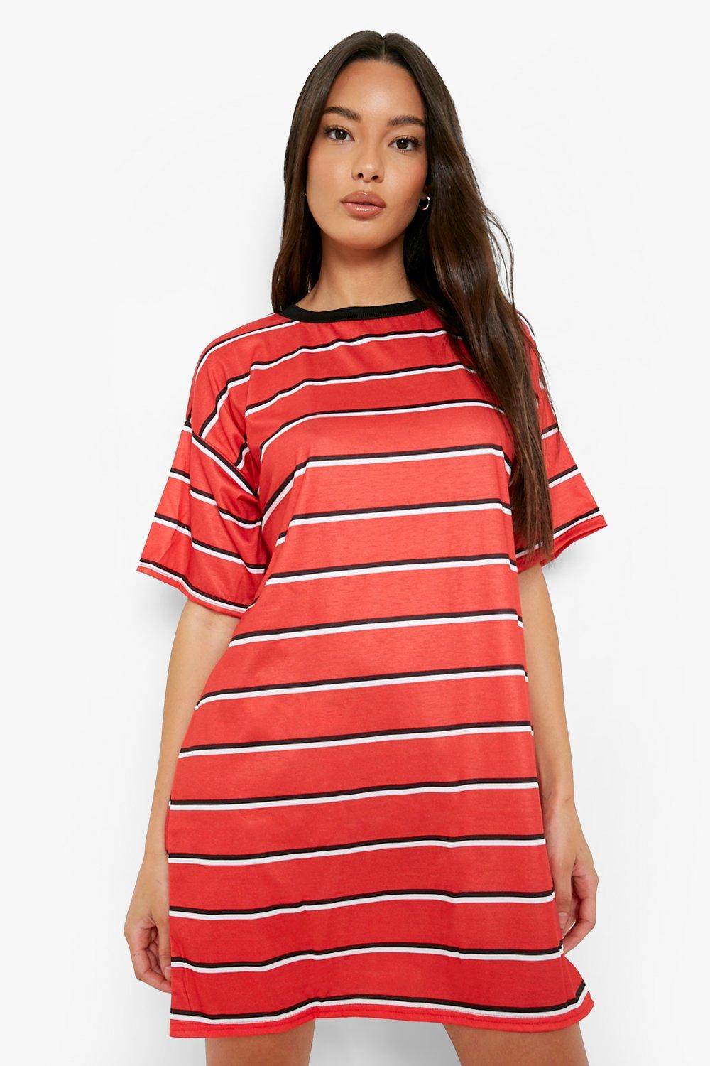 red contrast stripe oversized boyfriend t shirt dress