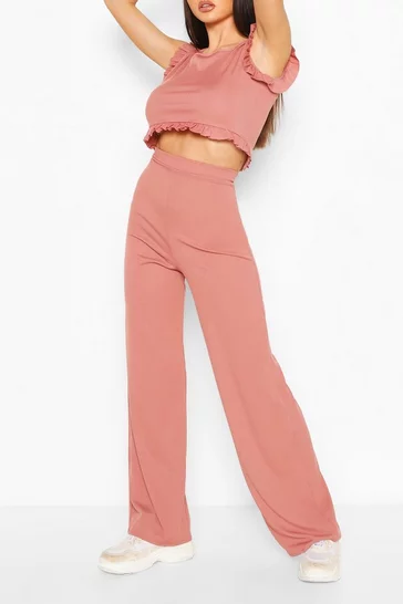 Blush Ribbed Frill Detail Crop Top & Trouser Co-ord Set