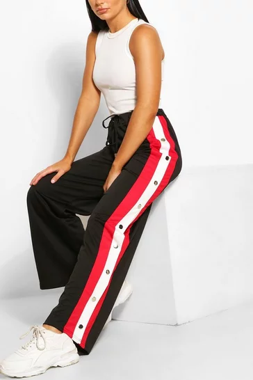 Red Contrast Panel Popper Wide Leg Joggers