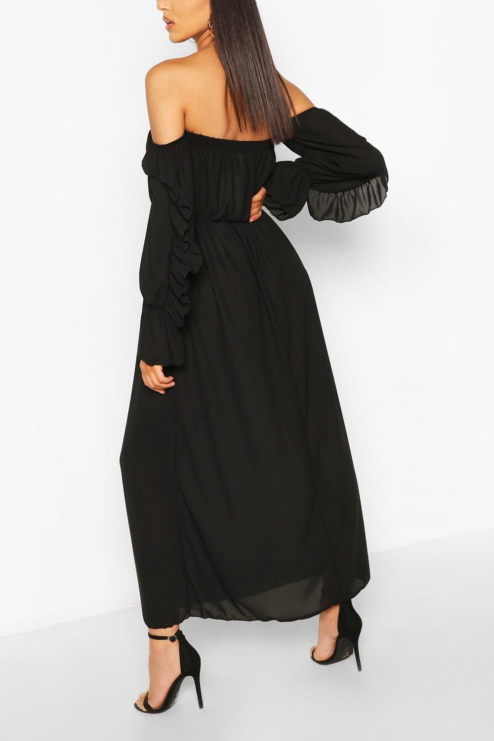

Woven Ruffle Sleeve Bardot Maxi Dress, Black