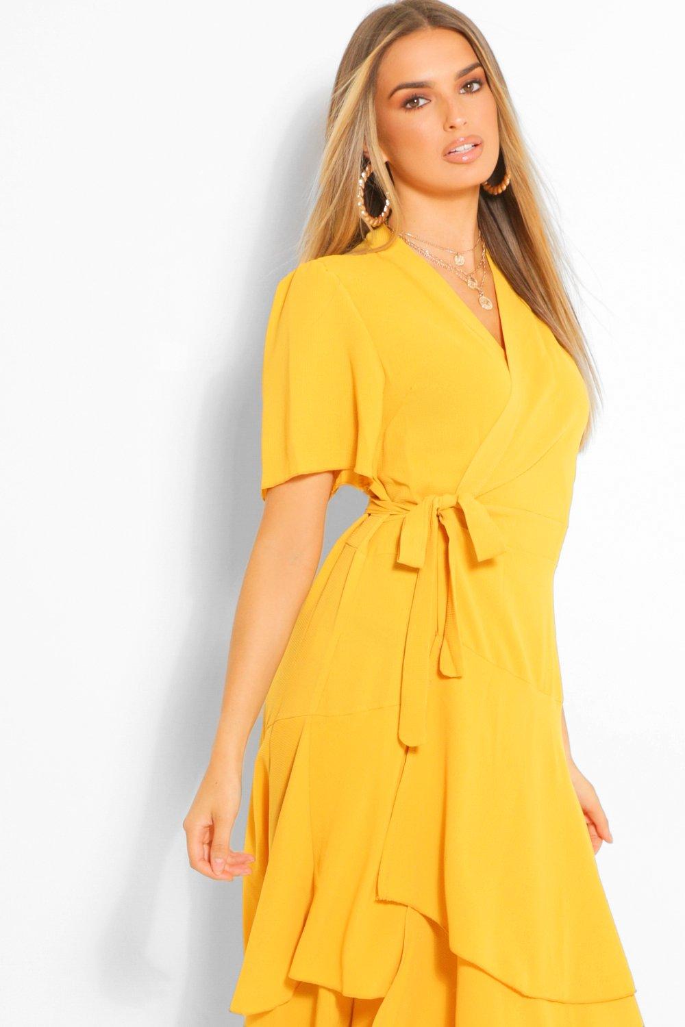 Womens Wrap Belted Tiered Midaxi Dress - Yellow - 6 | IBT Shop
