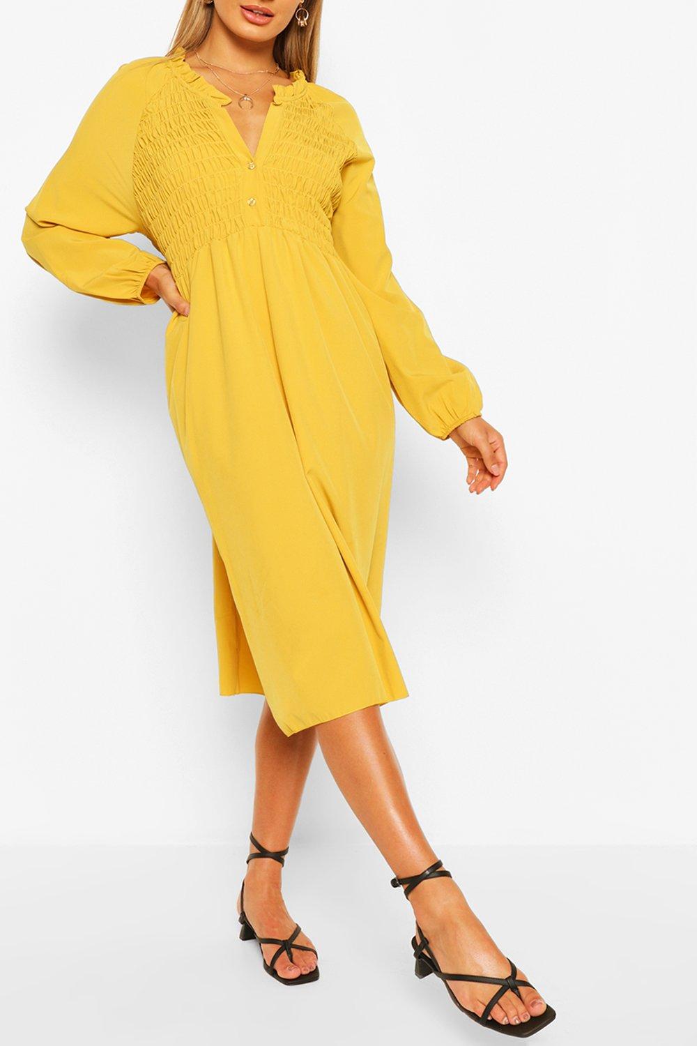 Oversized Shirred Detail Midi Smock Dress